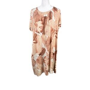 Soma L Cool Nights Dress Nightgown Sleep Shirt Brown White Tropical Leaf Print